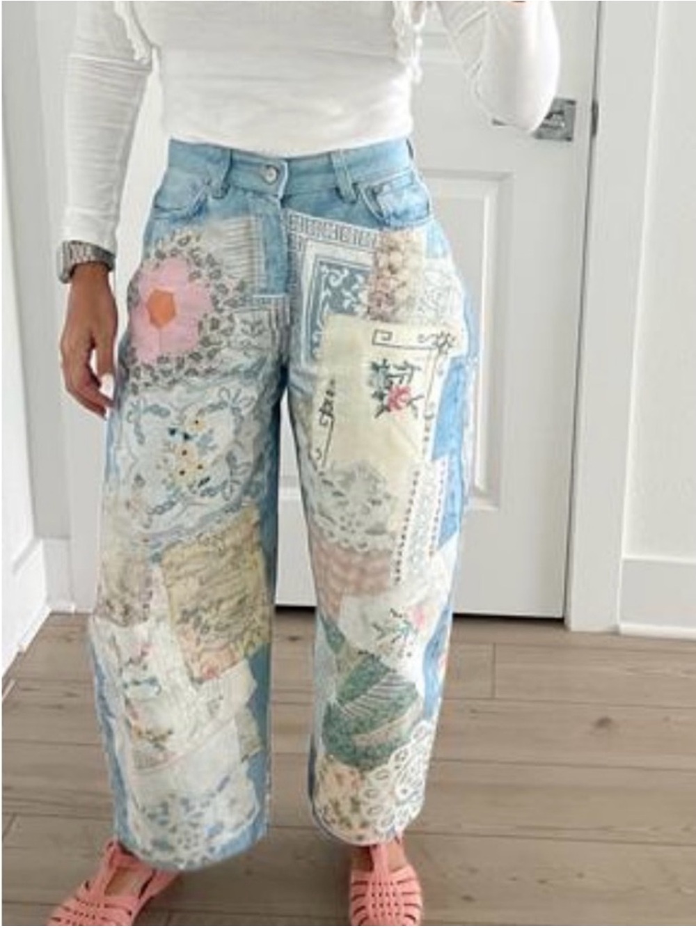 Free People Light Blue Patchwork Cropped Jeans with Pastel Accents